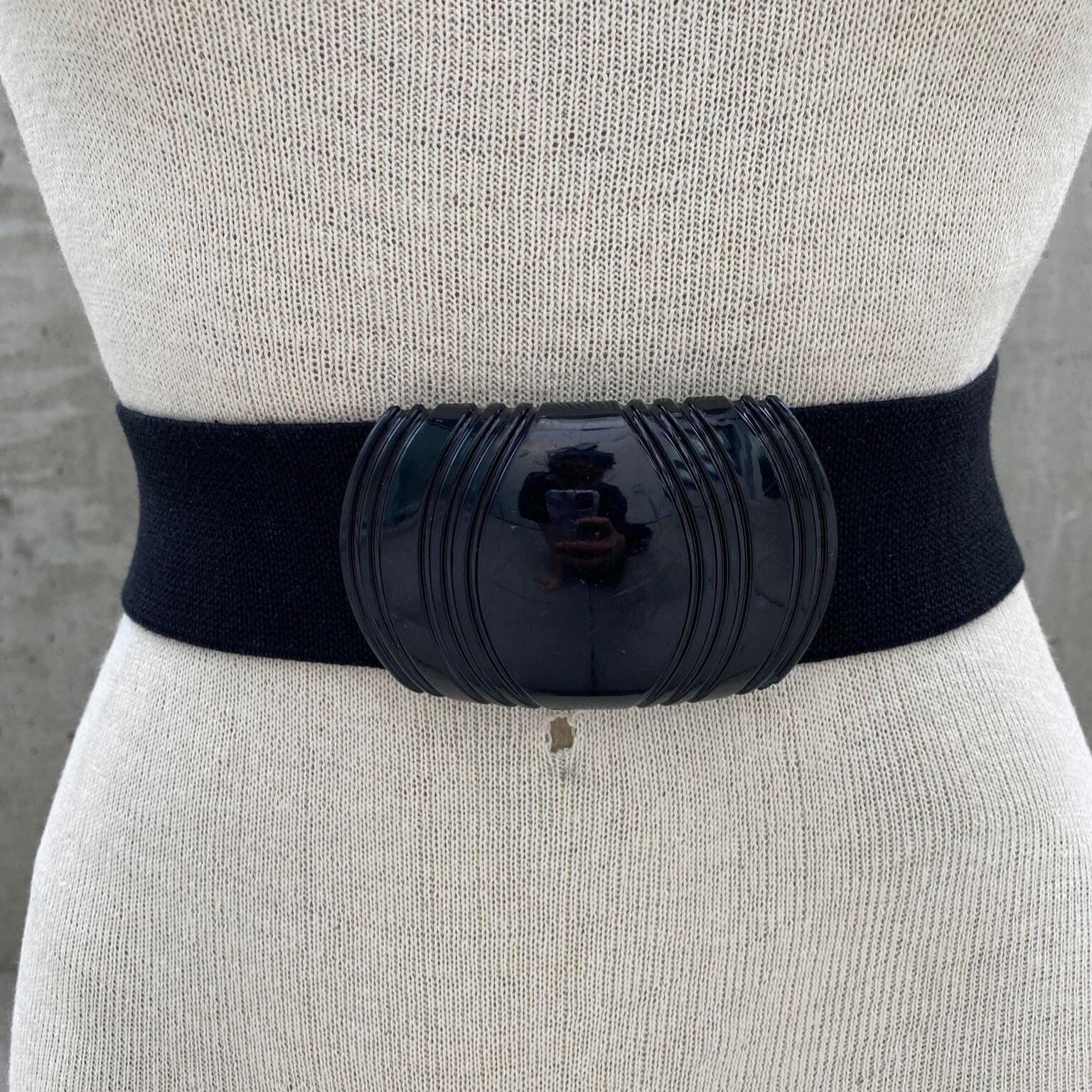 Novelty Stretch Elastic Belt Vintage 80s Women\'s Black Silver Tone Metal Clasp Modeway Women main image 3