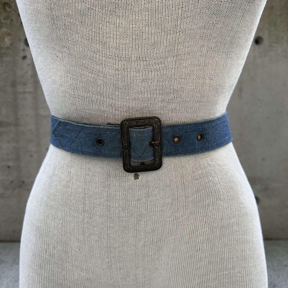 90s Vintage Denim Belt, Floral Engraved Rectangular Dark  display picture 1