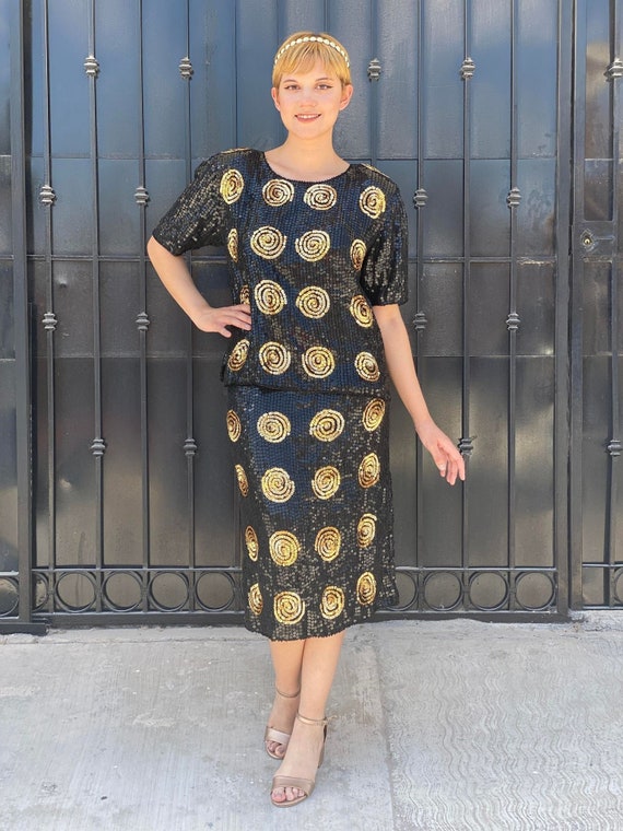 Silk Sequins by Mark and John 2 piece set beaded sequin black top sequined skirt golden sequins spirals new years formal event dress