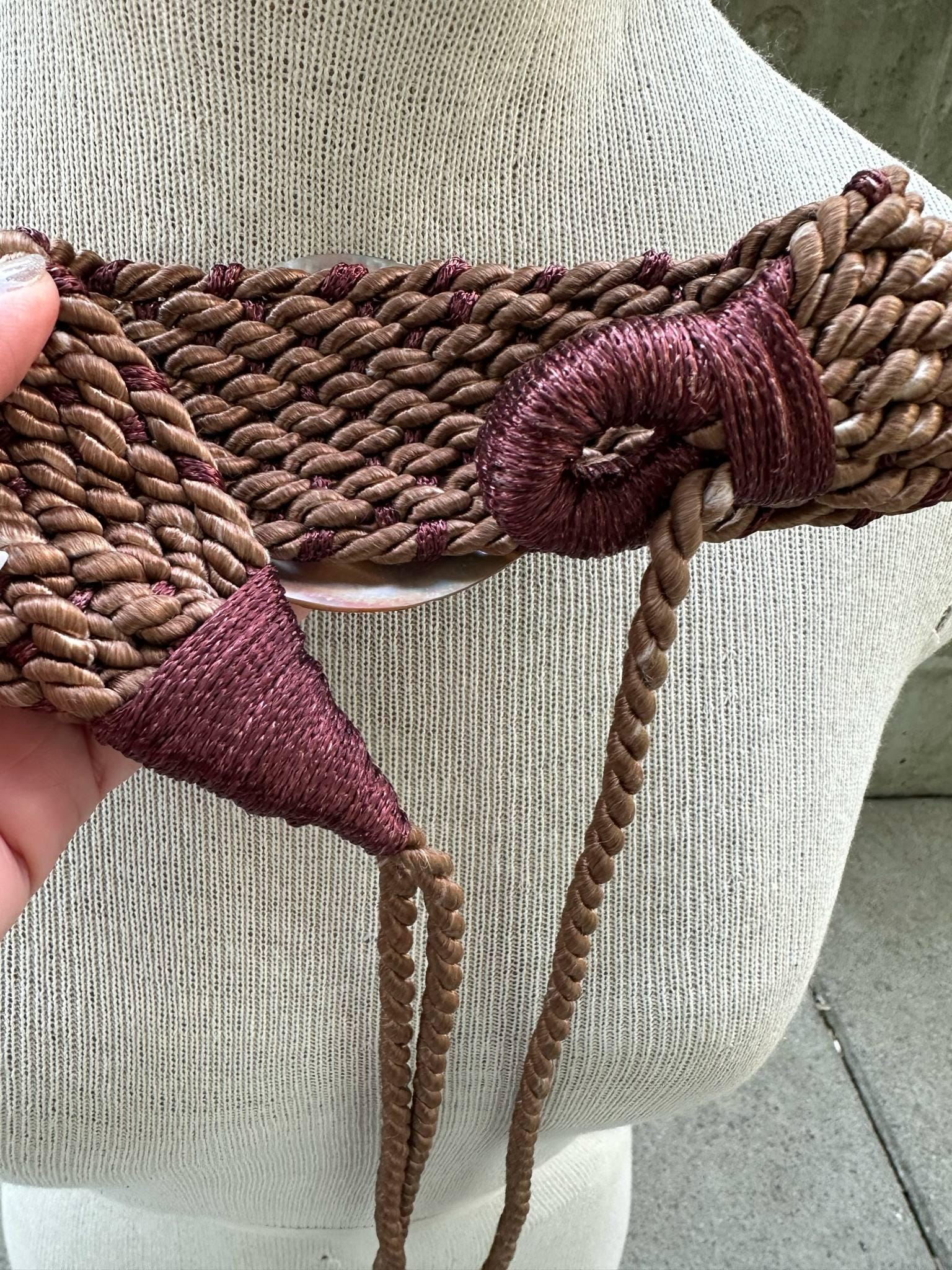 80s Leaf Shell Boho Rope Tie Belt, Brown Twisted Rope  display picture 2