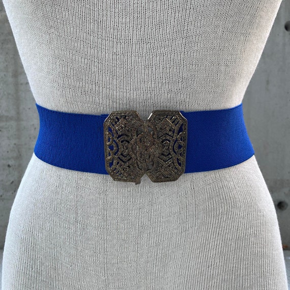 80s Blue Elasticated Belt, Art Deco Style Buckle, Bronze  display picture 1