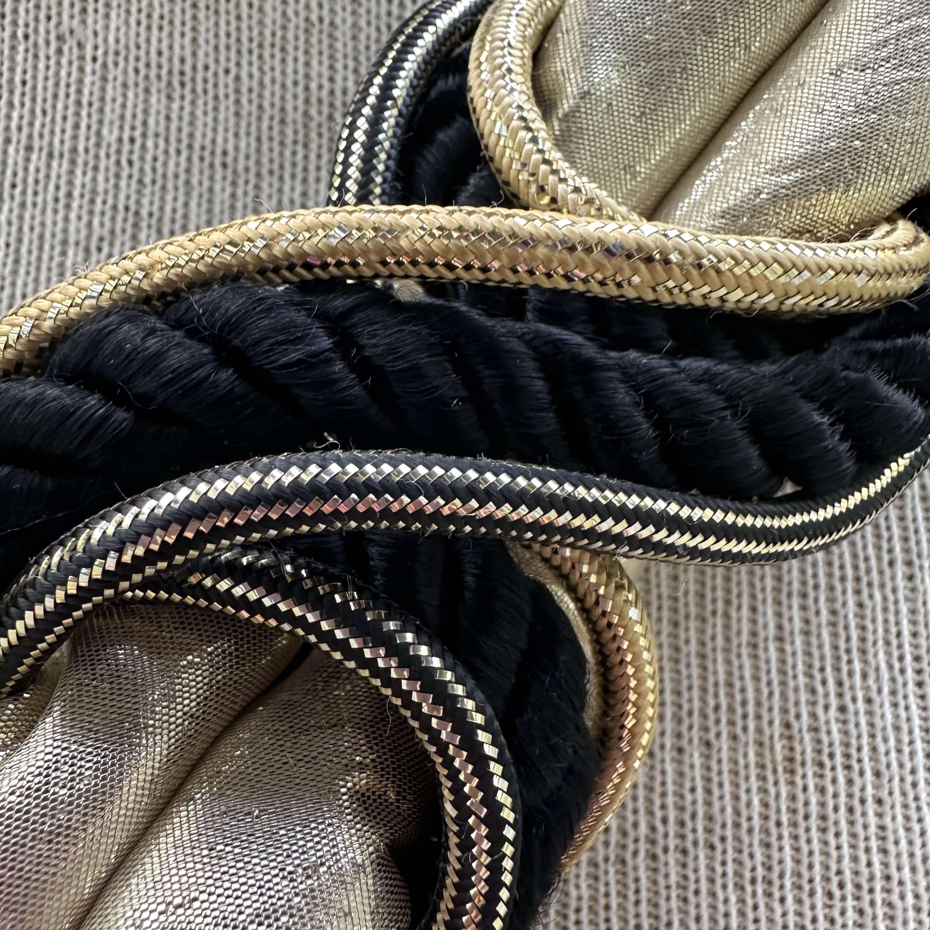 Black Gold Braided Rope Tie Belt Vintage Glam Statement Waist Belt 34.5” Vintage Unique Black and Gold Tone Braided Waistband, Nylon  main image 2