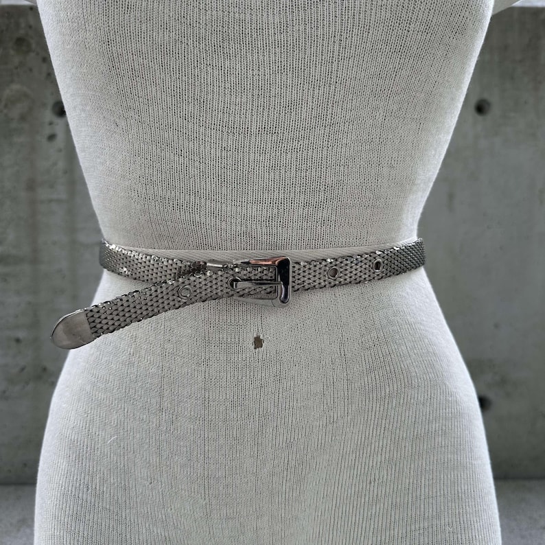 Peut inclure: Une ceinture en maille argent&eacute;e avec une boucle rectangulaire et une extr&eacute;mit&eacute; pointue. La ceinture est port&eacute;e autour de la taille d'un mannequin, mettant en valeur son design et sa texture. La ceinture comporte une s&eacute;rie de petits trous pour le r&eacute;glage.