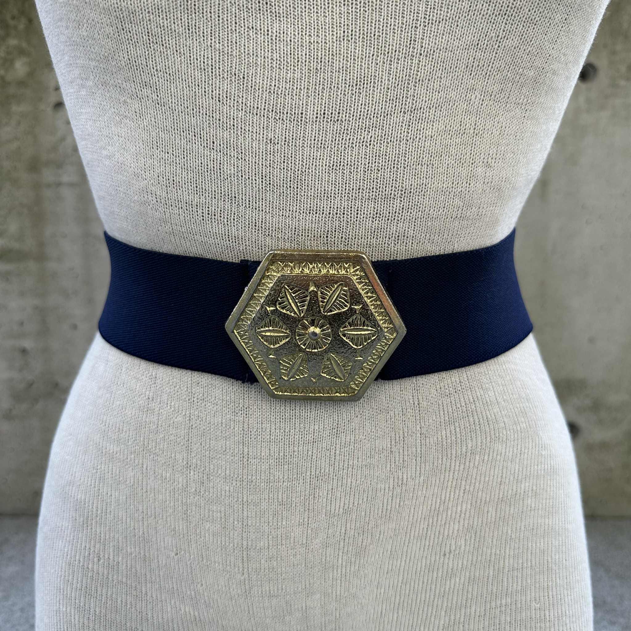 80s Charles Garre Belt, Navy Blue Elastic Belt, Gold Tone  display picture 1