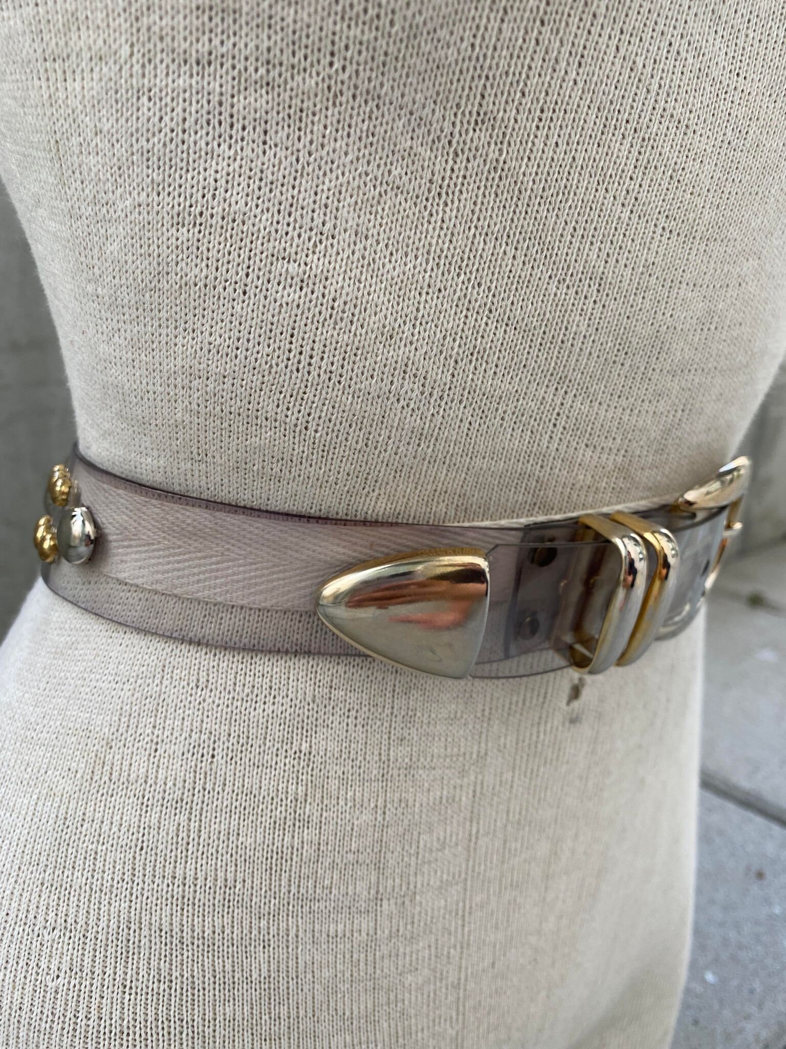 Vintage Clear Plastic Belt, 80s Acrylic Studded Belt, Gold