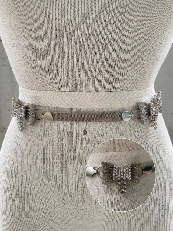 Vintage Silver Mesh Belt With Rhinestone Bows, 70s Silver 