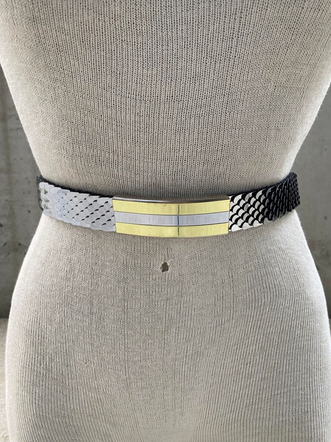 Vintage Silver Metal Fish Scale Belt, Two Tone Buckle, Gold 