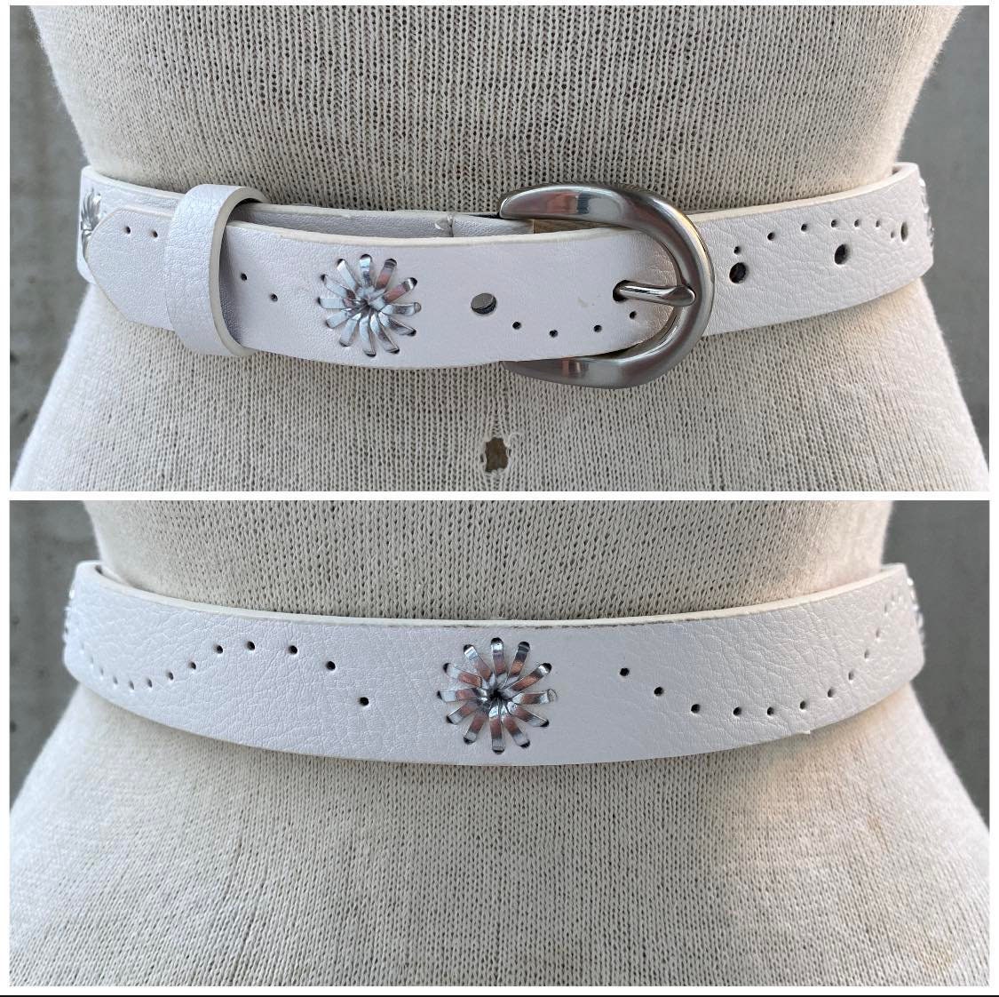 Y2K White Belt, Vintage Hole Patterned Belt, Silver Tone Buckle, Metal Hardware, Pinwheel Shaped Decor, Southwestern Style, Western Fashion - Etsy Y2K White Belt, Vintage Hole Patterned Belt, Silver Tone Buckle, Metal Hardware, Pinwheel Shaped Decor, Southwestern Style, Western Fashion - Etsy