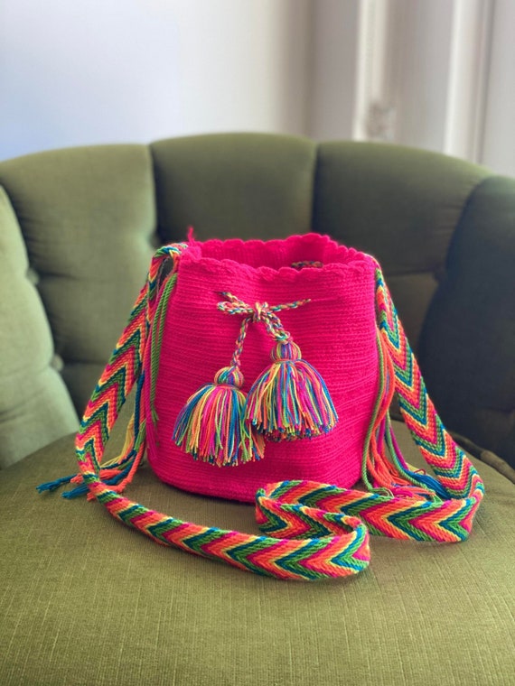 90s bright pink crocheted bag, south american buc… - image 3