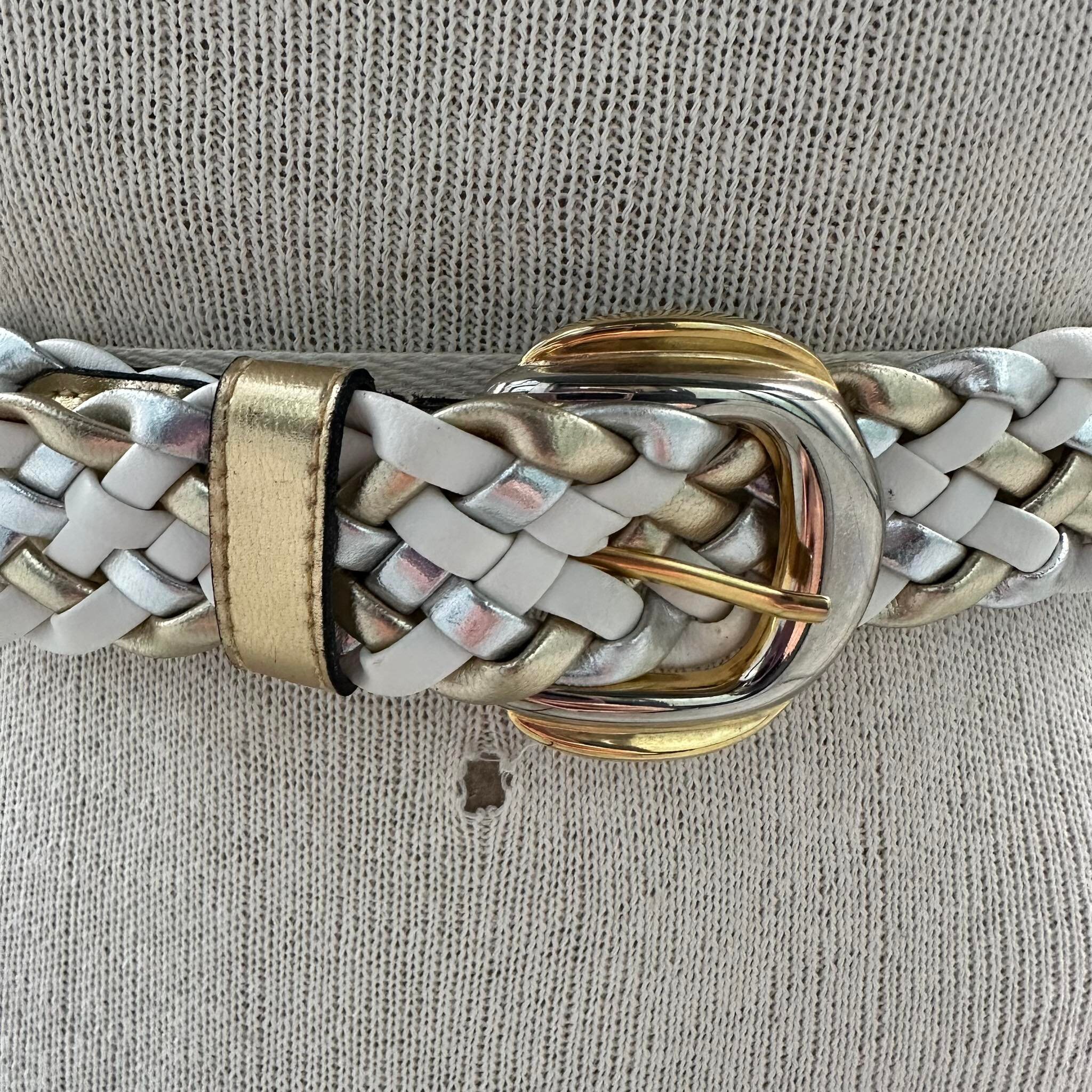 Vintage Tricolor Braided Gold Silver White Leather Belt with Gold Tone Buckle XL Vintage Golden Braided Belt With Silver Coloured Buckle and  main image 3