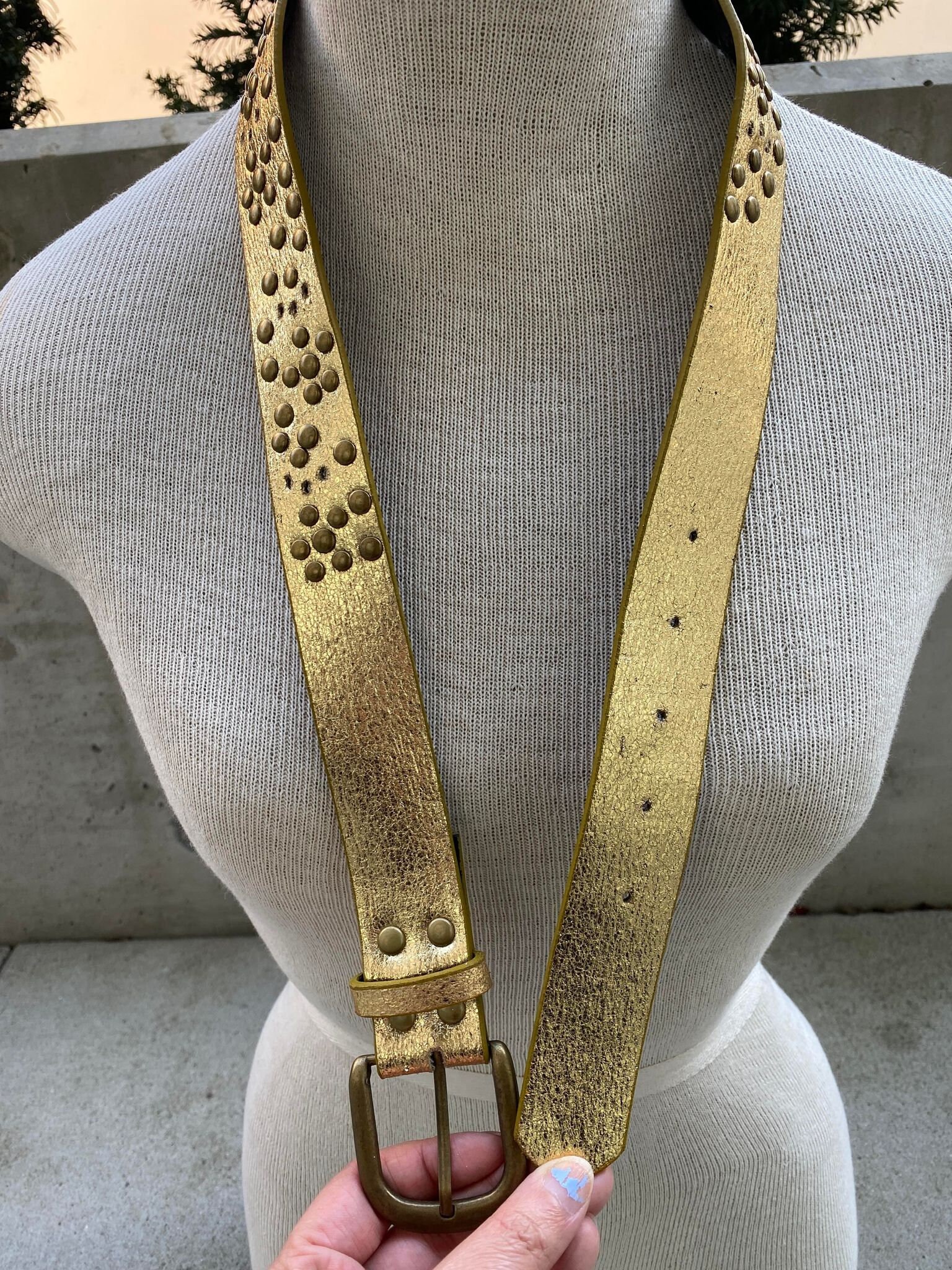 Vintage metallic gold faux leather beaded belt 80s Gold Metallic Studded Leather Belt, Braided Buckle - Etsy main image 2
