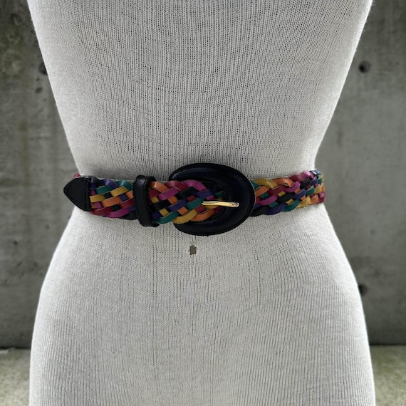 90s Multicolor Braided Leather Belt, Rainbow Woven Belt  display picture 1