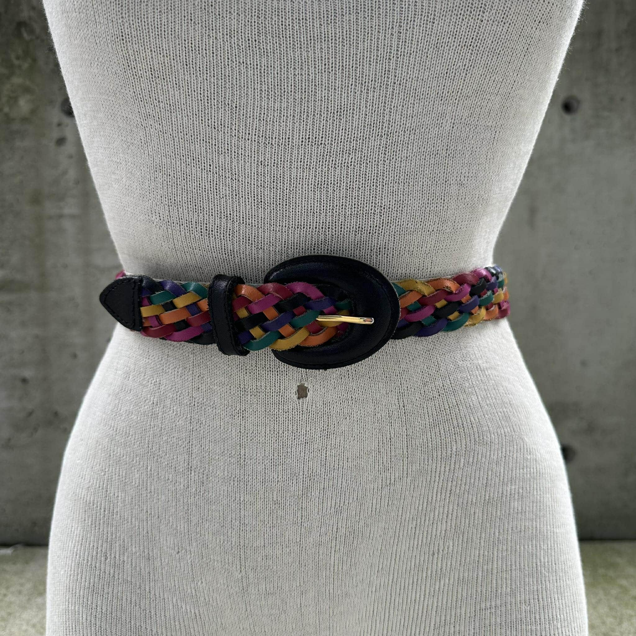 90s Multicolor Braided Leather Belt, Rainbow Woven Belt 