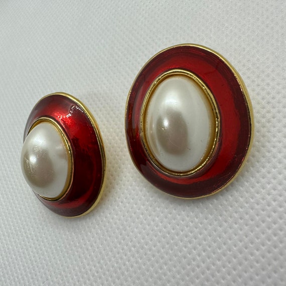 Vintage large oval statement earrings, red enamel… - image 3