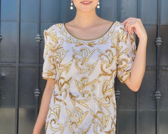 Vintage Fringed Stenay Dress, Beige Great Gatsby Style Gown, Gold Sequins  and Beads, Prom Queen Attire, Elegant Duchess Ball Dress, Sparkle - Etsy