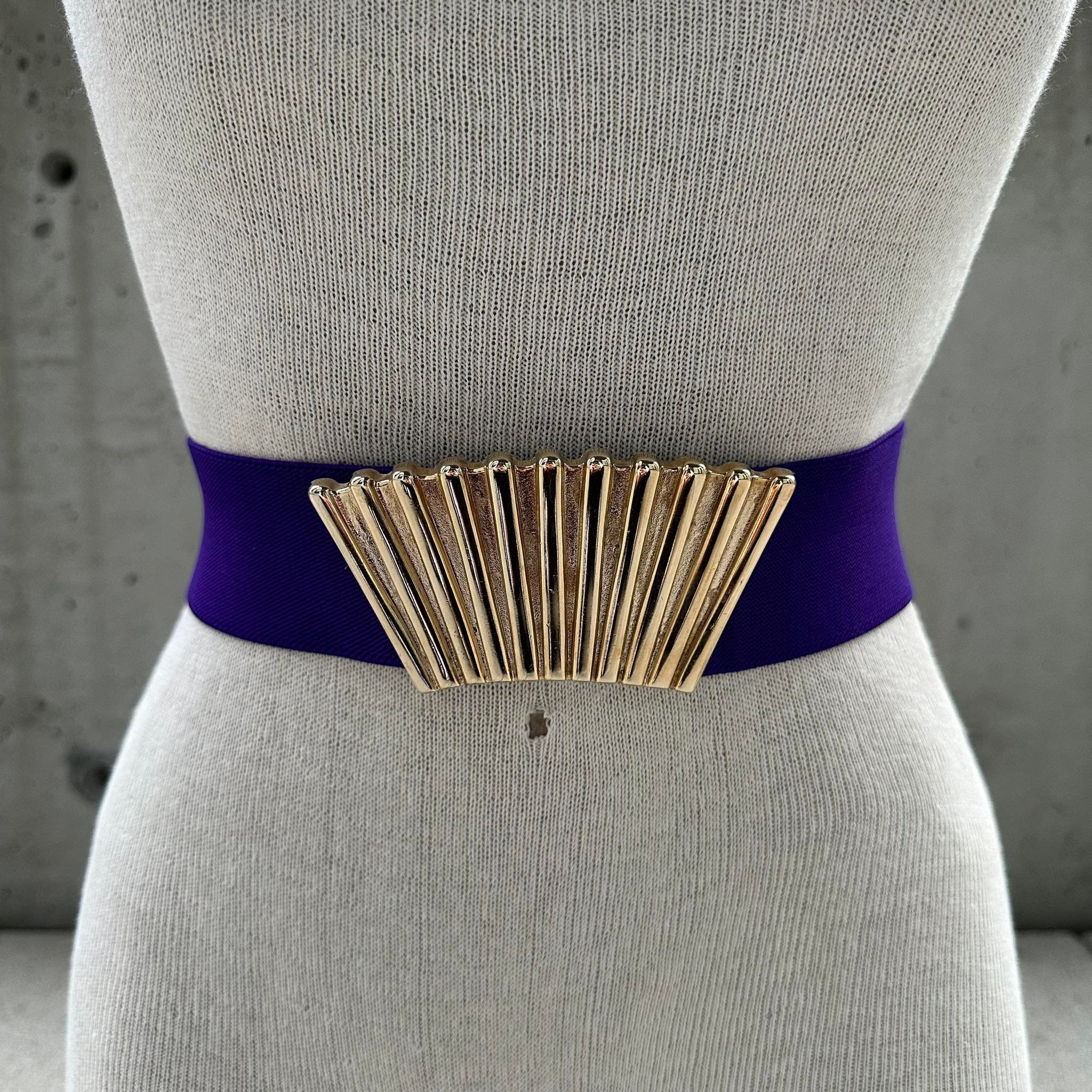 80s Purple Elastic Belt, Chunky Gold Tone Buckle, Abstract 