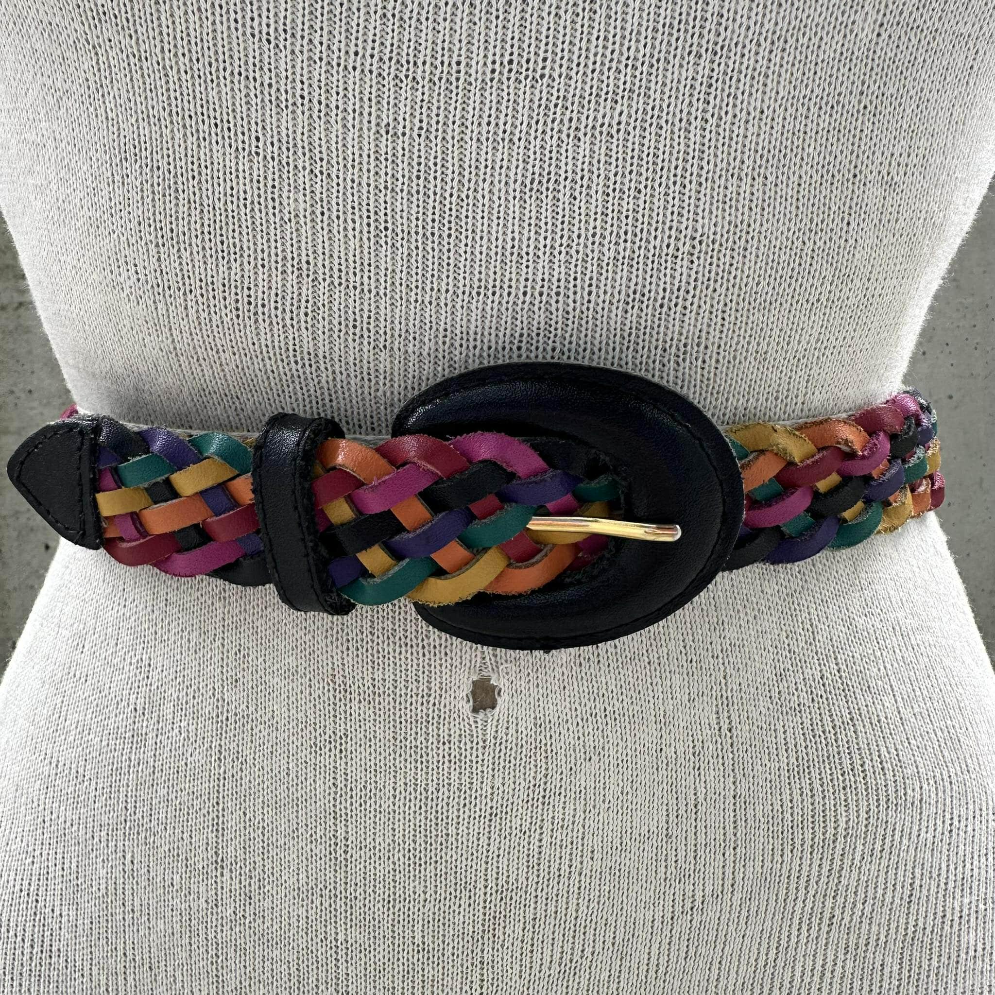 HOBO Intl. Woven Leather Belt Wide Statement Belt Boho Western Glam M 90s Multicolor Braided Leather Belt, Rainbow Woven Belt  main image 2