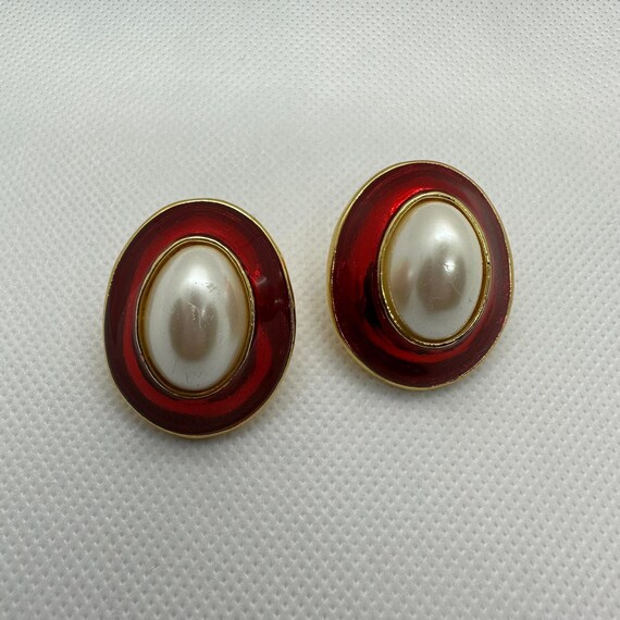 Vintage large oval statement earrings, red enamel… - image 1