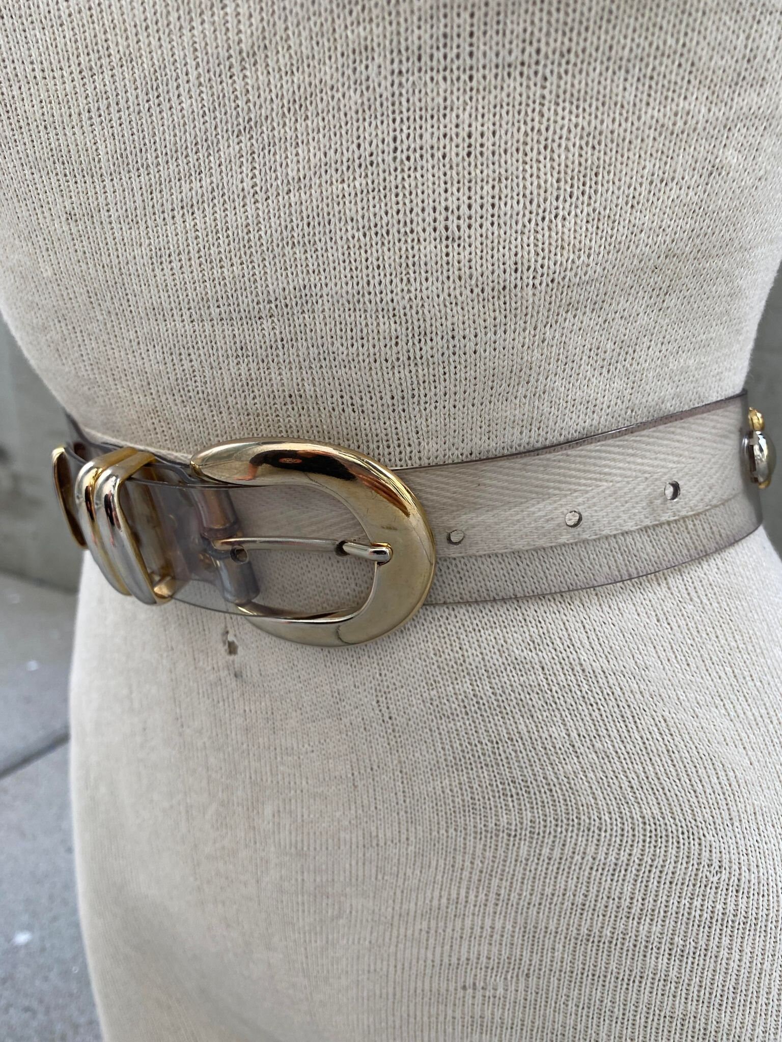 Vintage Clear Plastic Belt, 80s Acrylic Studded Belt, Gold 