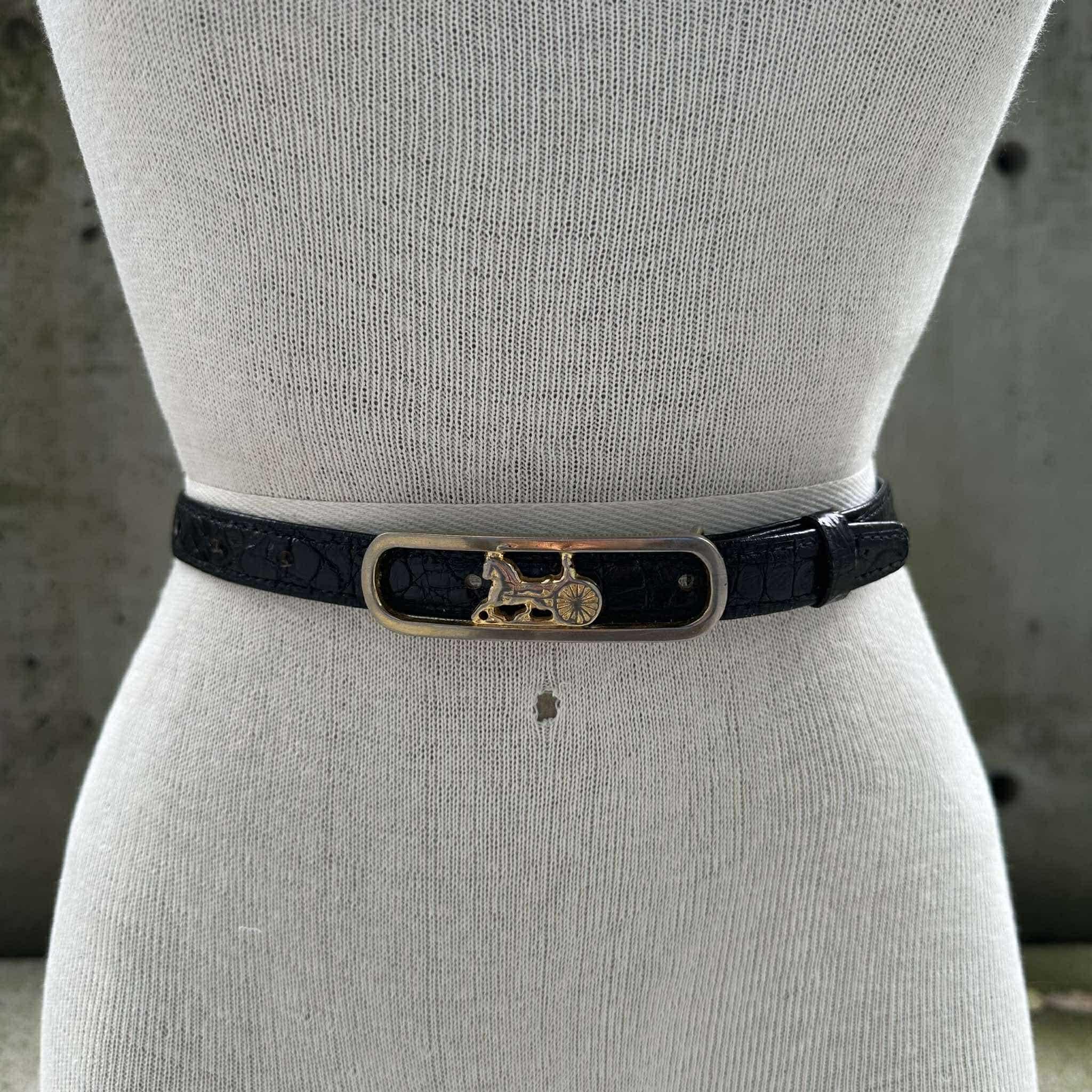 90s Black Leather Belt, Gold Tone Horse Carriage Buckle  display picture 3