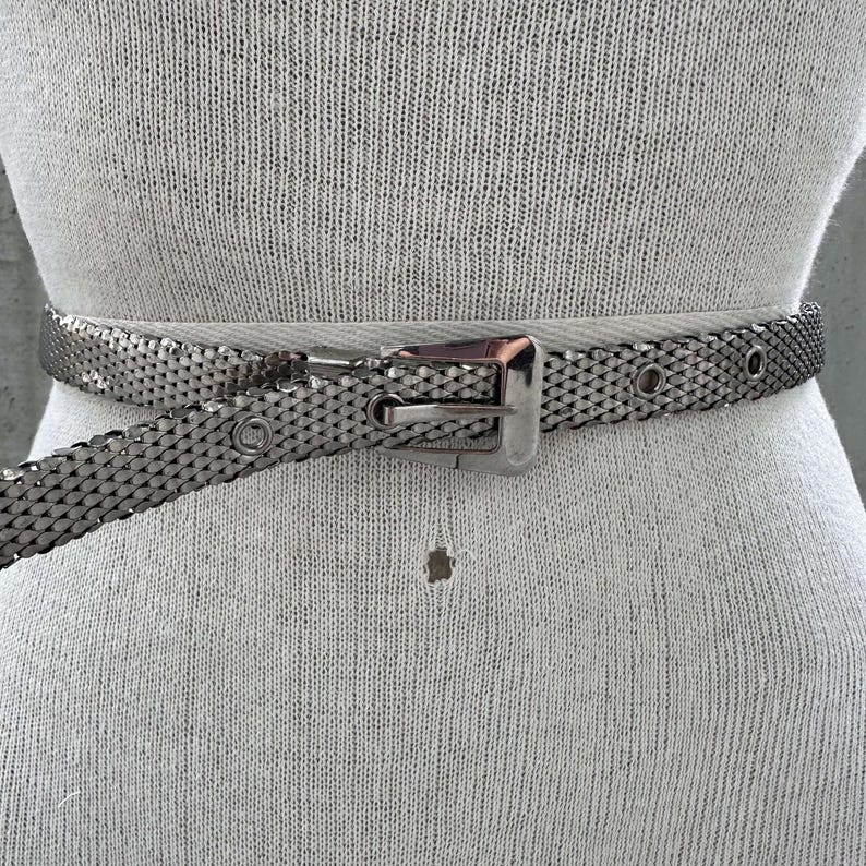 Peut inclure: Une ceinture en maille argent&eacute;e avec une boucle rectangulaire. La ceinture est faite de petites pi&egrave;ces m&eacute;talliques interconnect&eacute;es, cr&eacute;ant une surface flexible et textur&eacute;e. La boucle est de conception simple et classique.