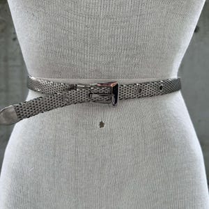 Peut inclure: Une ceinture en maille argent&eacute;e avec une boucle rectangulaire et une extr&eacute;mit&eacute; pointue. La ceinture est enroul&eacute;e autour d'un mannequin, mettant en valeur son design et son ajustement. La ceinture comporte une s&eacute;rie de petits trous pour le r&eacute;glage.