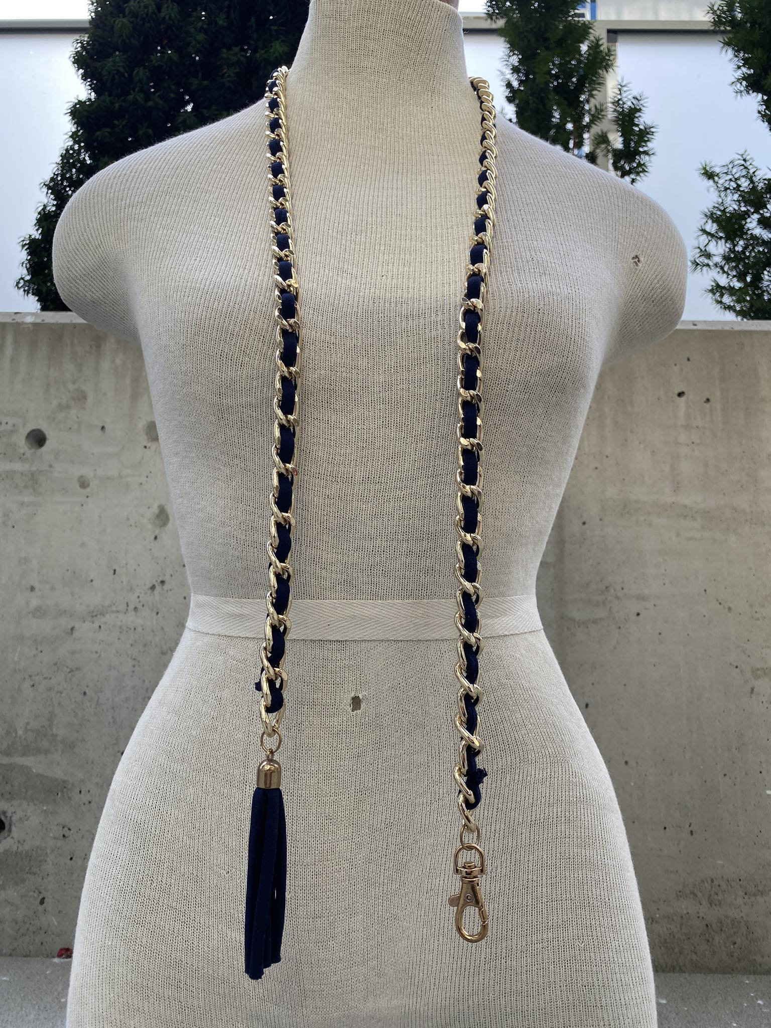 Woven Chain Belt with Navy Ribbon and Gold Links Navy and Blue Woven Stretch Belt – Collars & Co main image 4