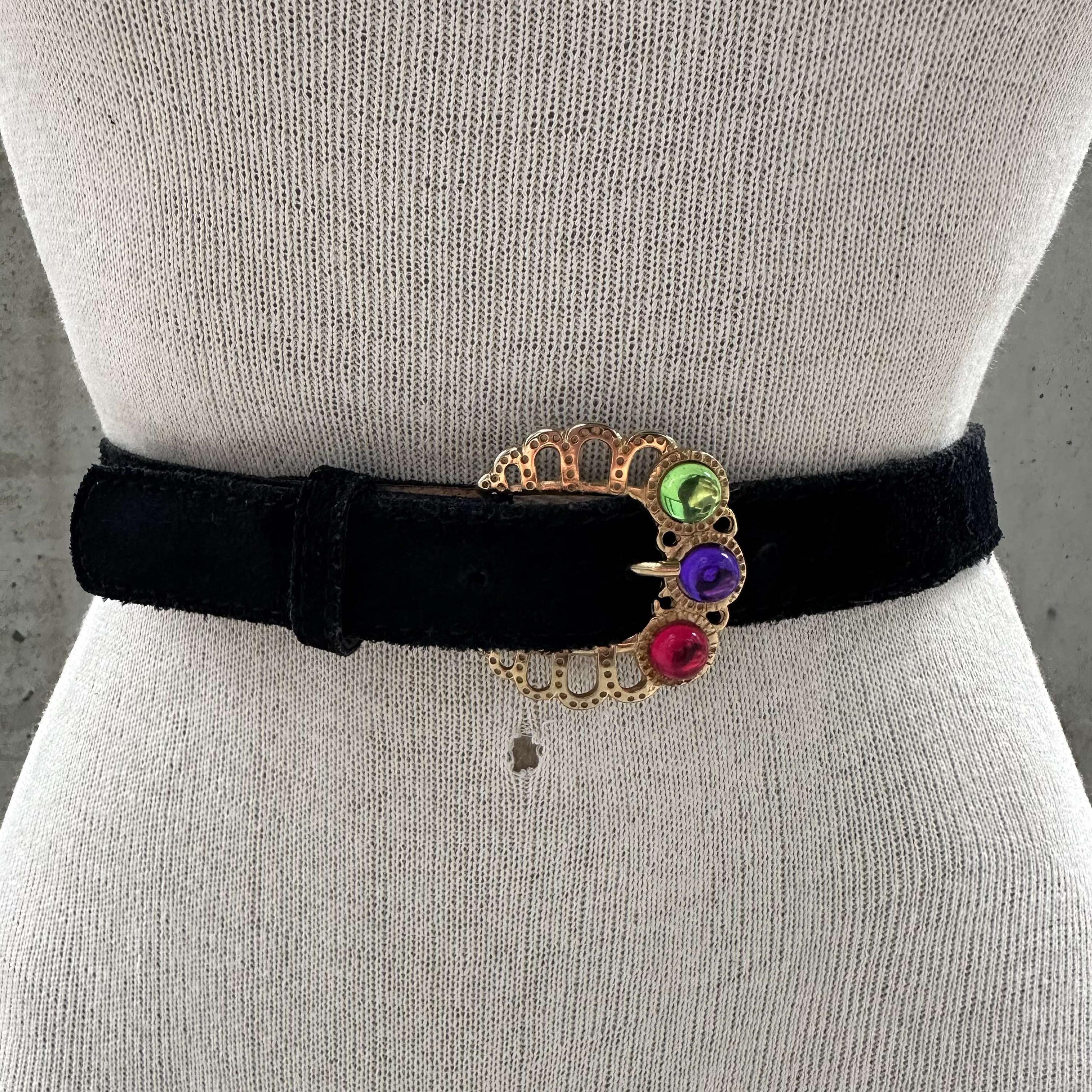 A Brod Vintage 80s Large Black Leather Suede Statement Belt Gold Cluster Buckle 1980s Oversized Black Suede Belt-M/L — La Poubelle Vintage main image 4
