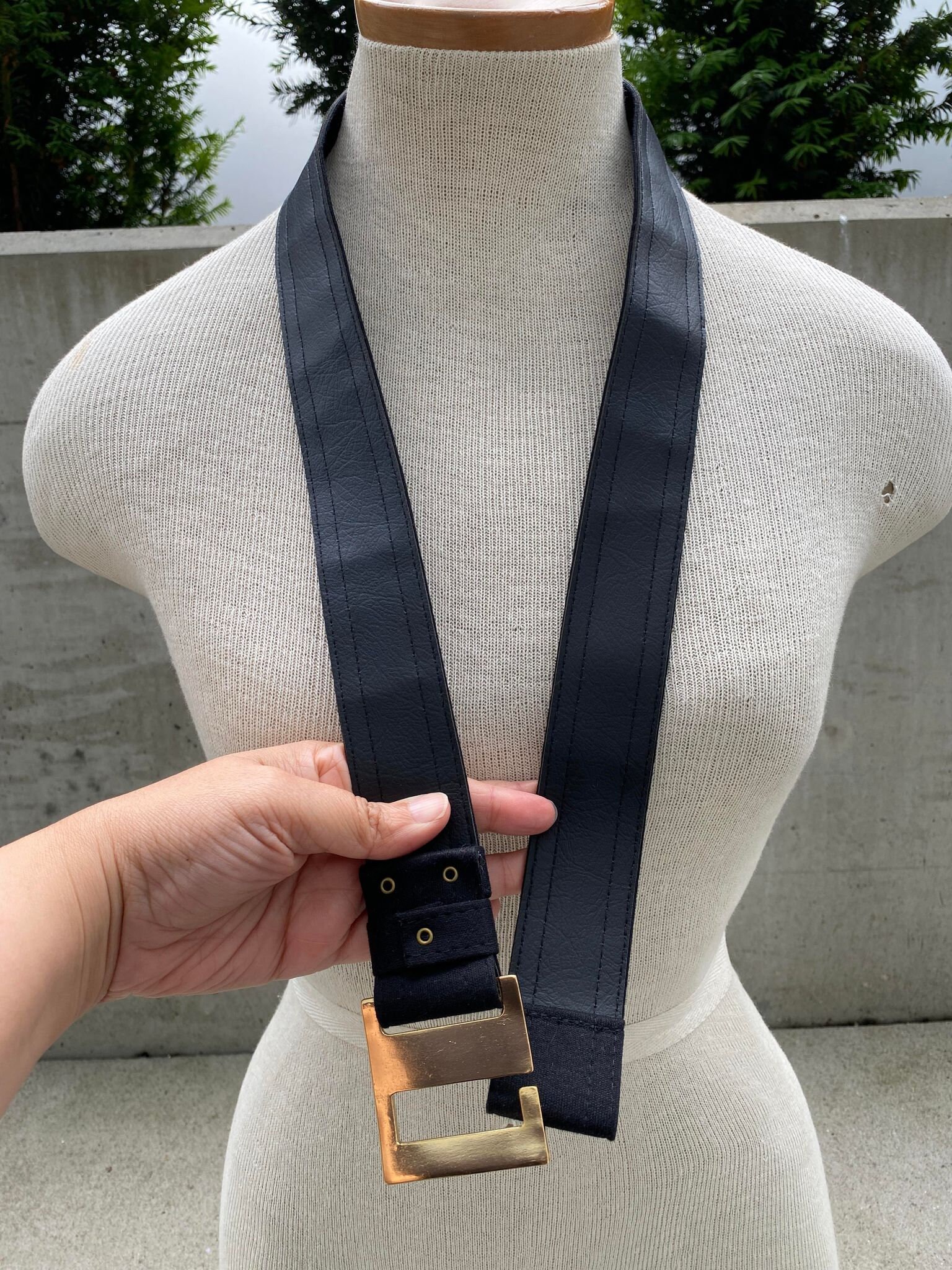 Vintage Black Belt, 90s Black Fabric Belt, Gold Tone Buckle