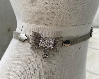 Vintage Silver Tone Mesh Chain With Rhinestone Bows Statement Belt Necklace OS Vintage Silver Tone Mesh Chain and Rhinestone Buckle  main image 4
