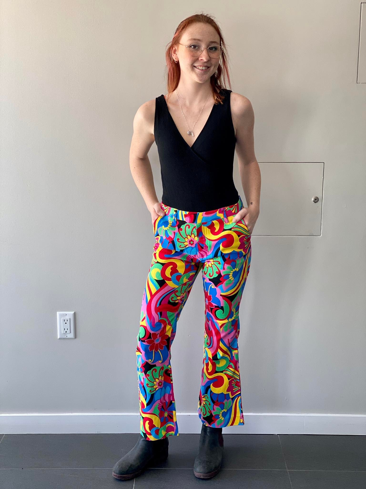 Y2K Psychedelic Low Rise Pants, Flower Power Flare Leg Bottoms