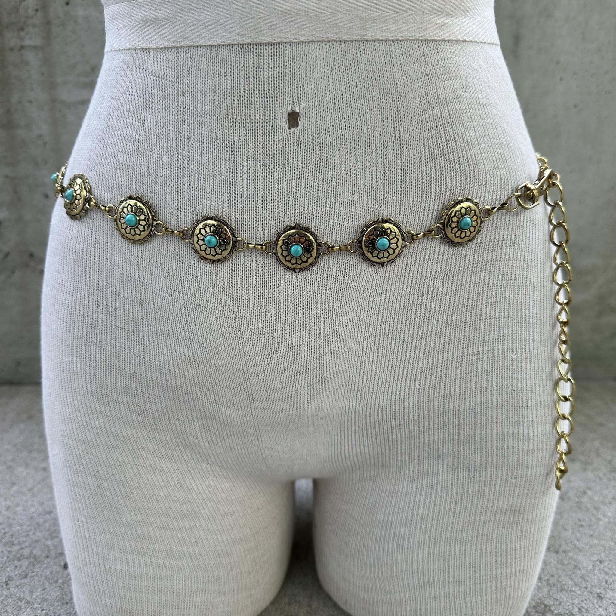 90s Southwestern Style Concho Belt With Faux Turquoise Bead  display picture 2