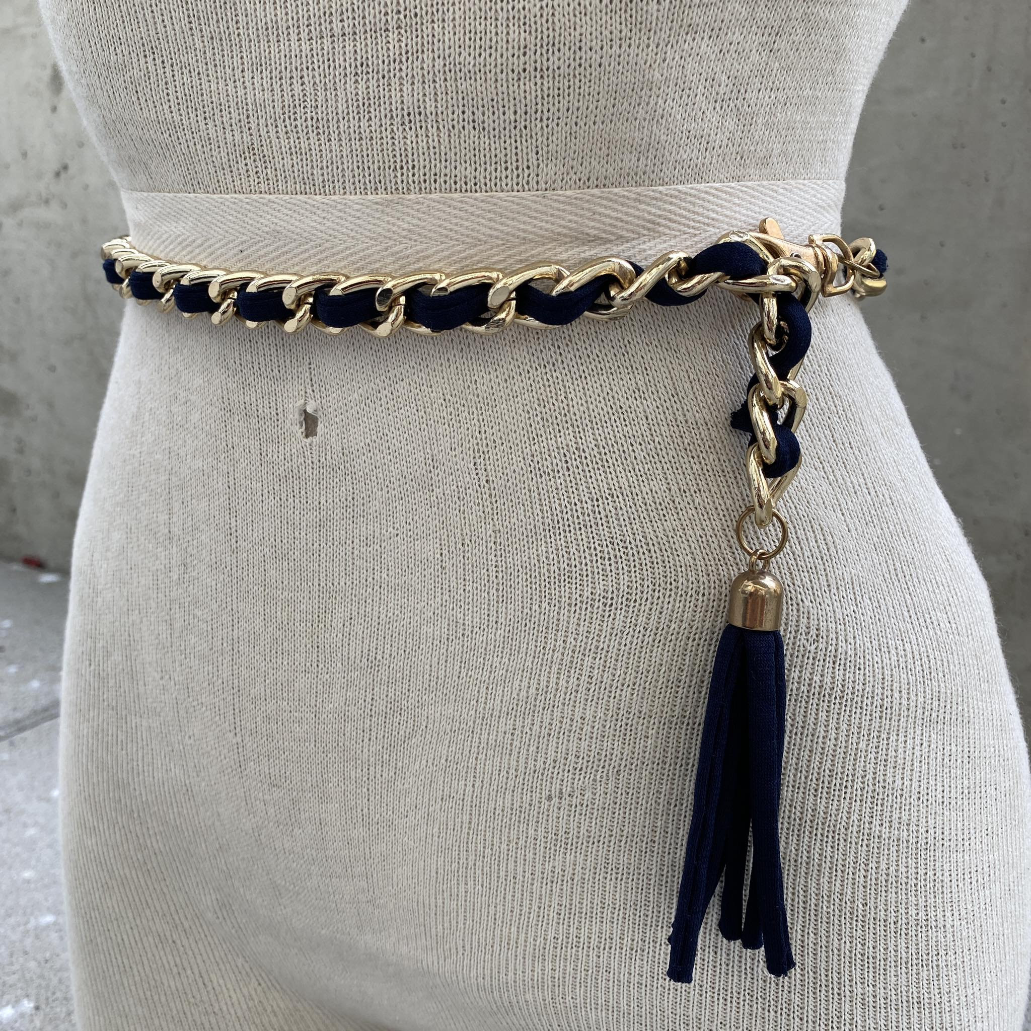 90s Navy Blue Chain Link Belt, Gold Tone Chain Accessories 