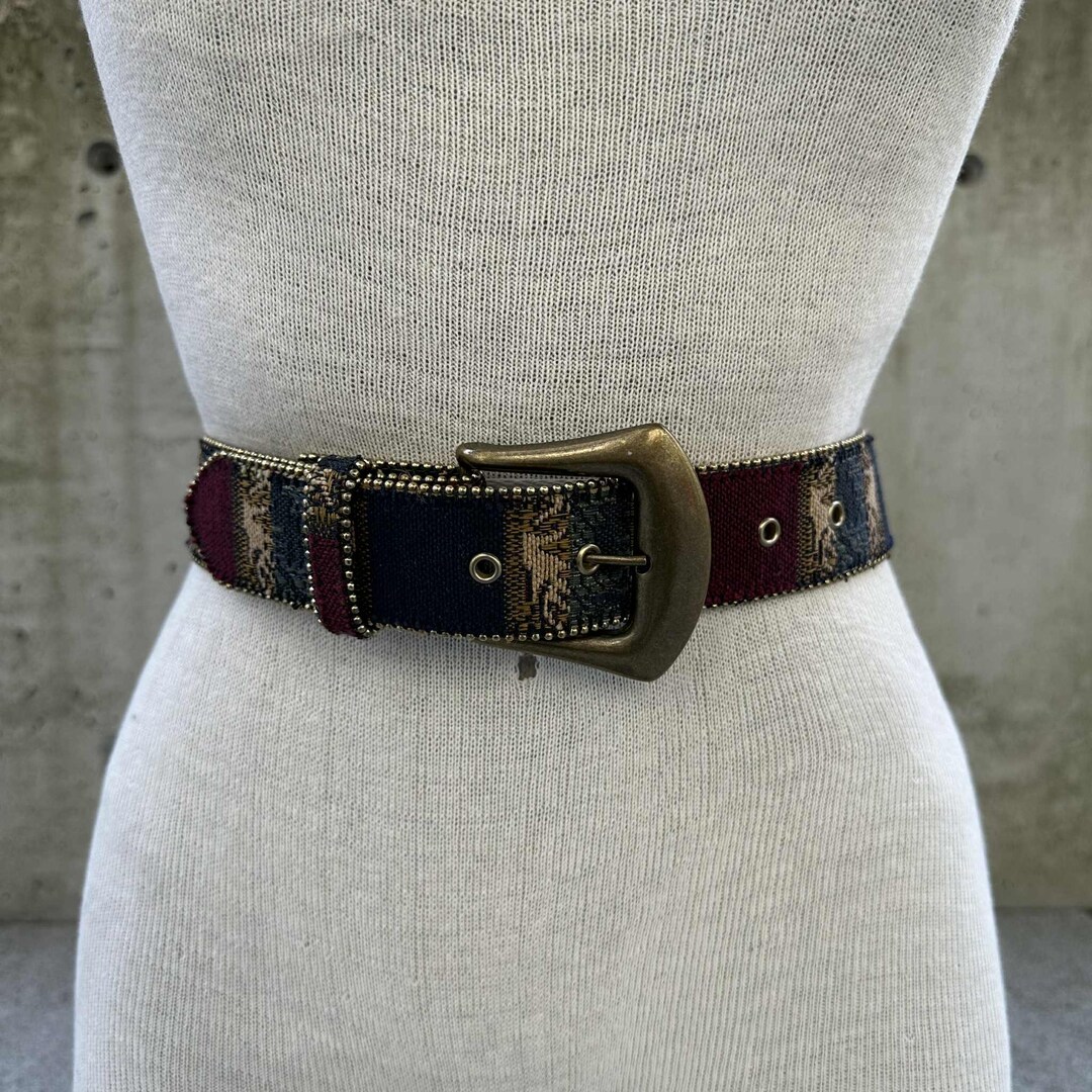 ? Vintage Coogi-Style Woven Tapestry Belt — Multicolor Statement Boho Western Vtg Boho Tapestry Belt, Wide Woven Southwestern Stripe Belt  main image 4