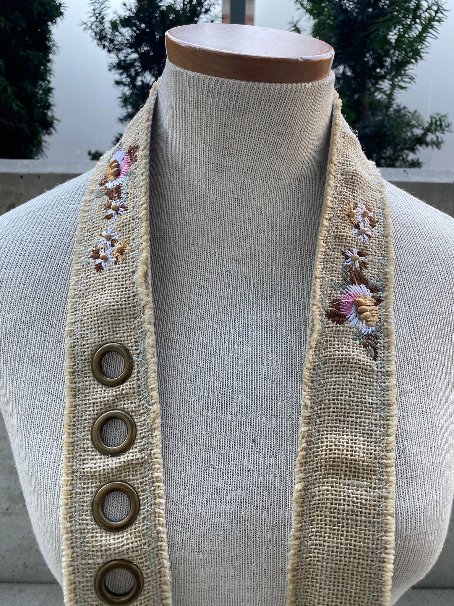 Vintage Floral Embroidery Belt, 90s Jute Wide Belt, Bronze 