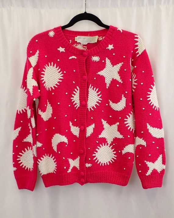 1990 The eagles eye hand knit sweater, hot pink c… - image 1