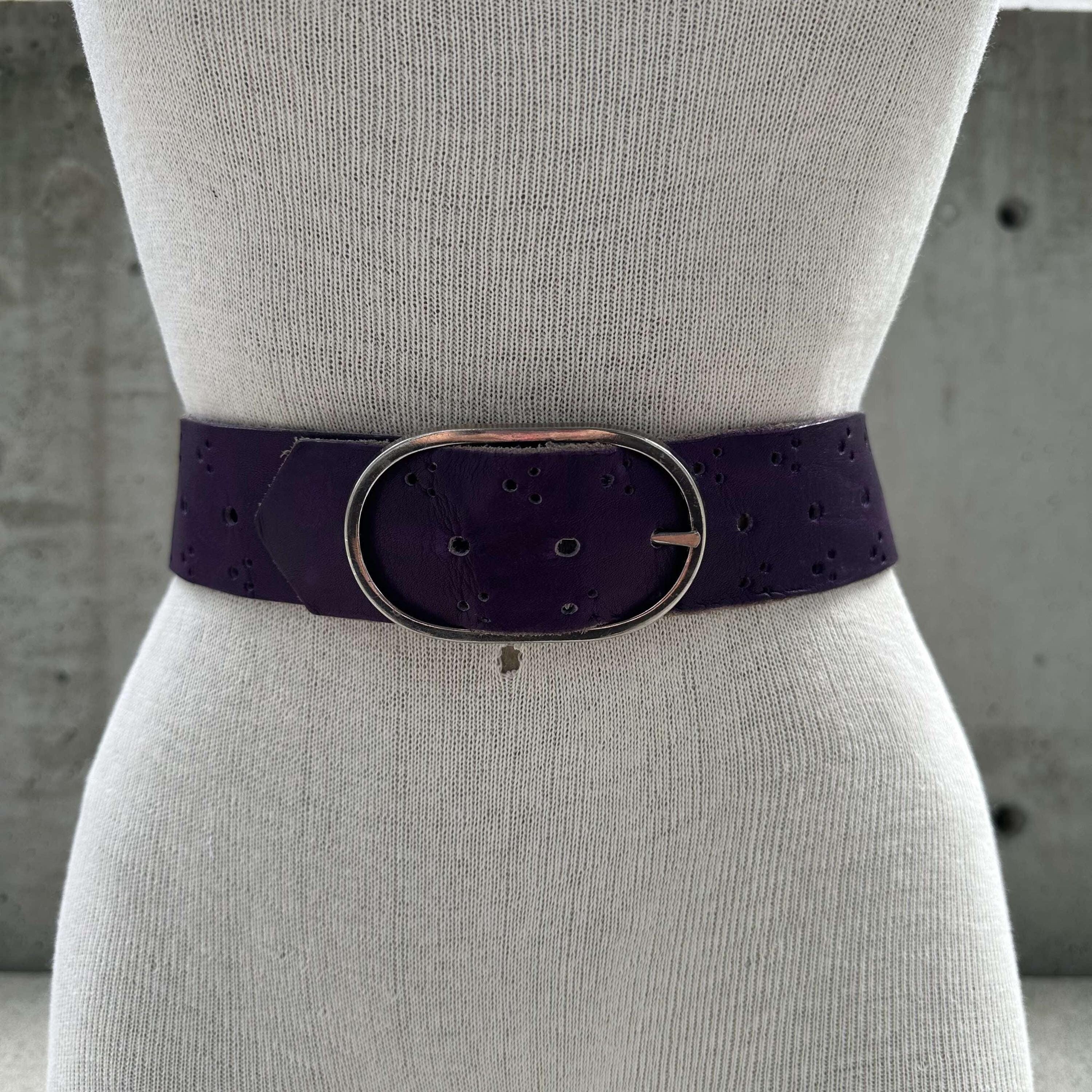 90s Purple Genuine Leather Belt, Plum Wide Waistband 