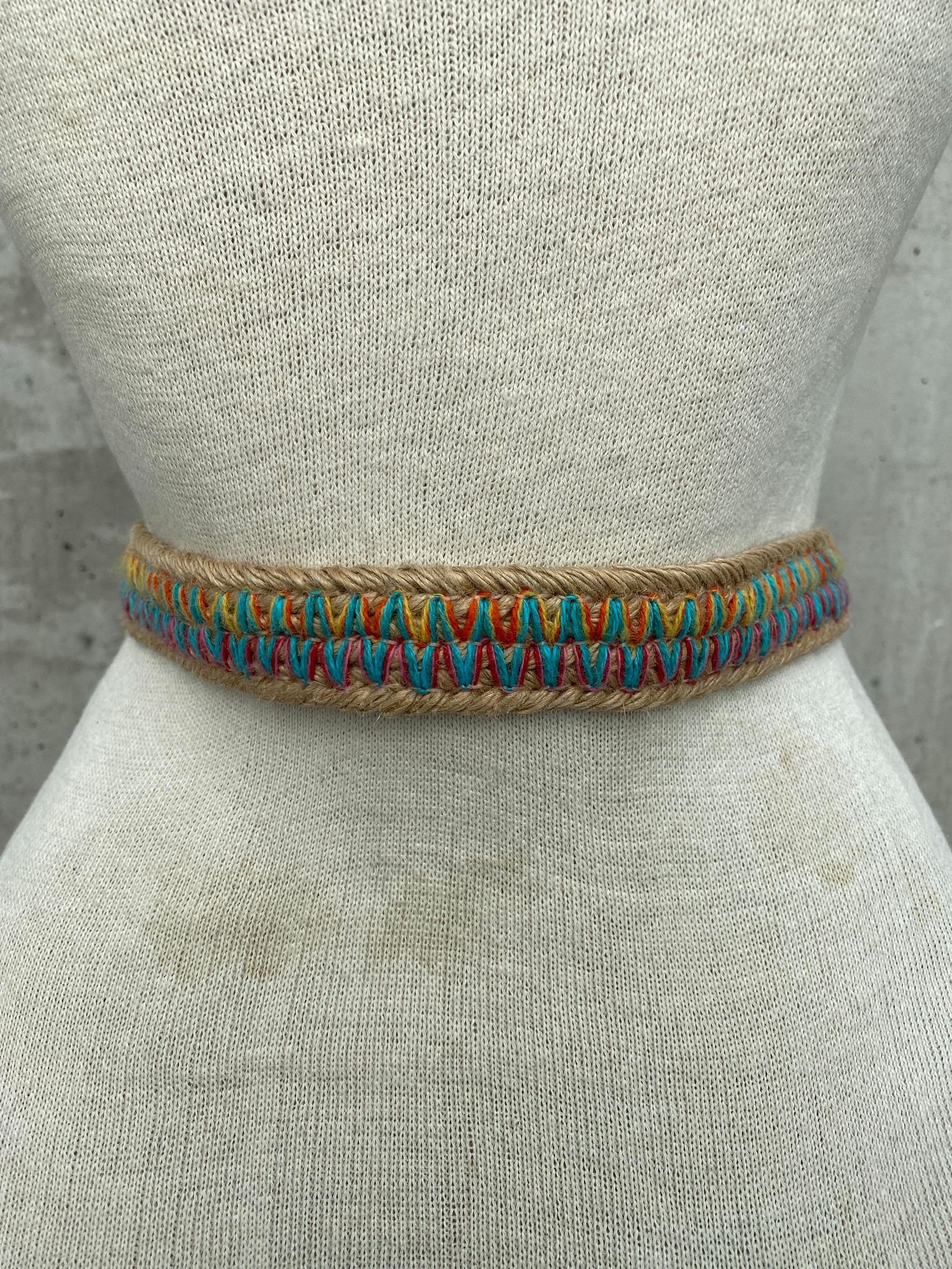 Studded Silk Belt Handmade Colored Cabochons On Green and Gold Silhuette Size M Y2K Natural Jute Belt, Brown Genuine Leather Trim  main image 2