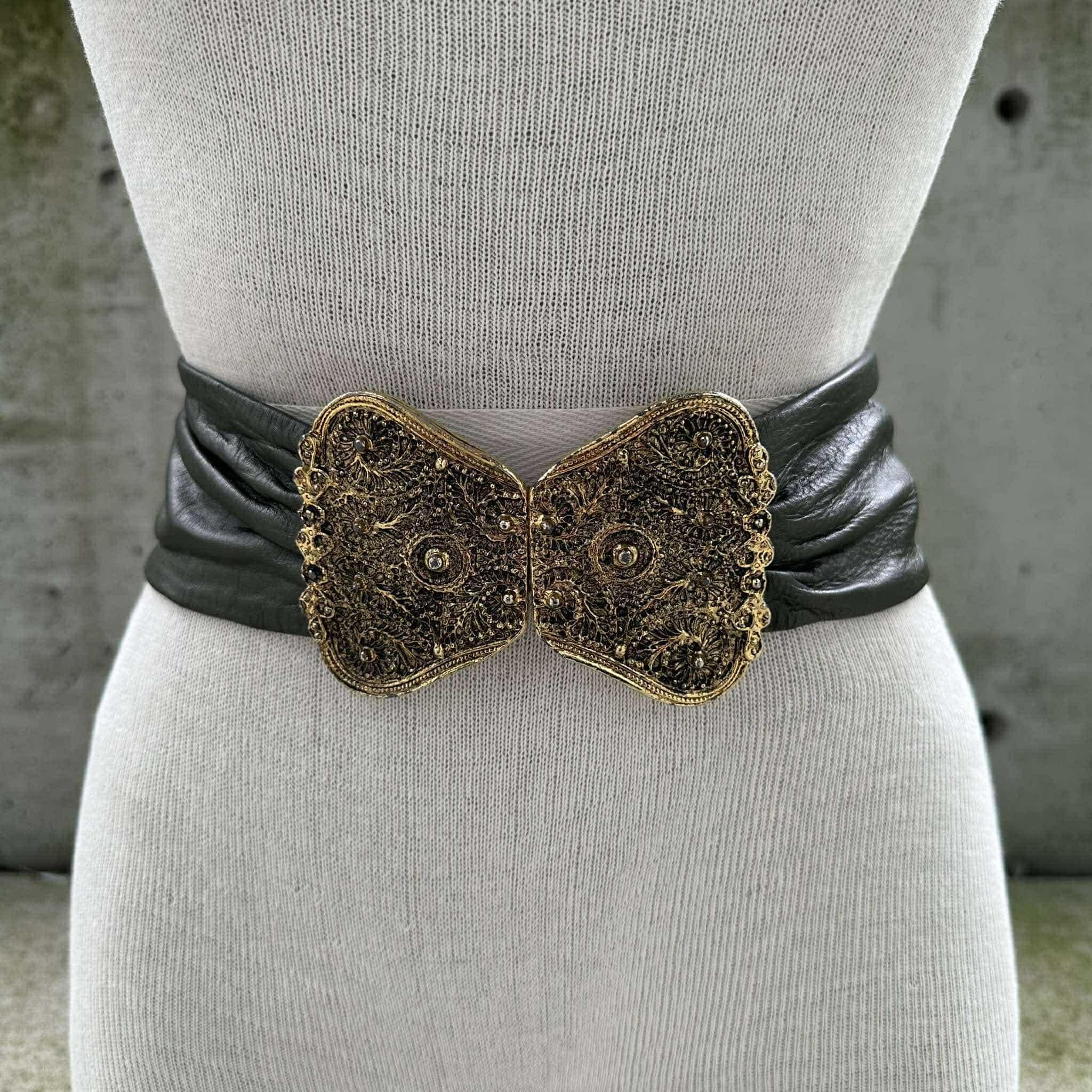 80s Dark Olive Green Leather Belt, Gold Tone Buckle  display picture 1
