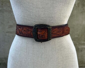 Vtg handmade brown tooled horses leather belt, 80s western style belt, cowgirl cowboy accessories, rodeo houston fashion, nature embossed