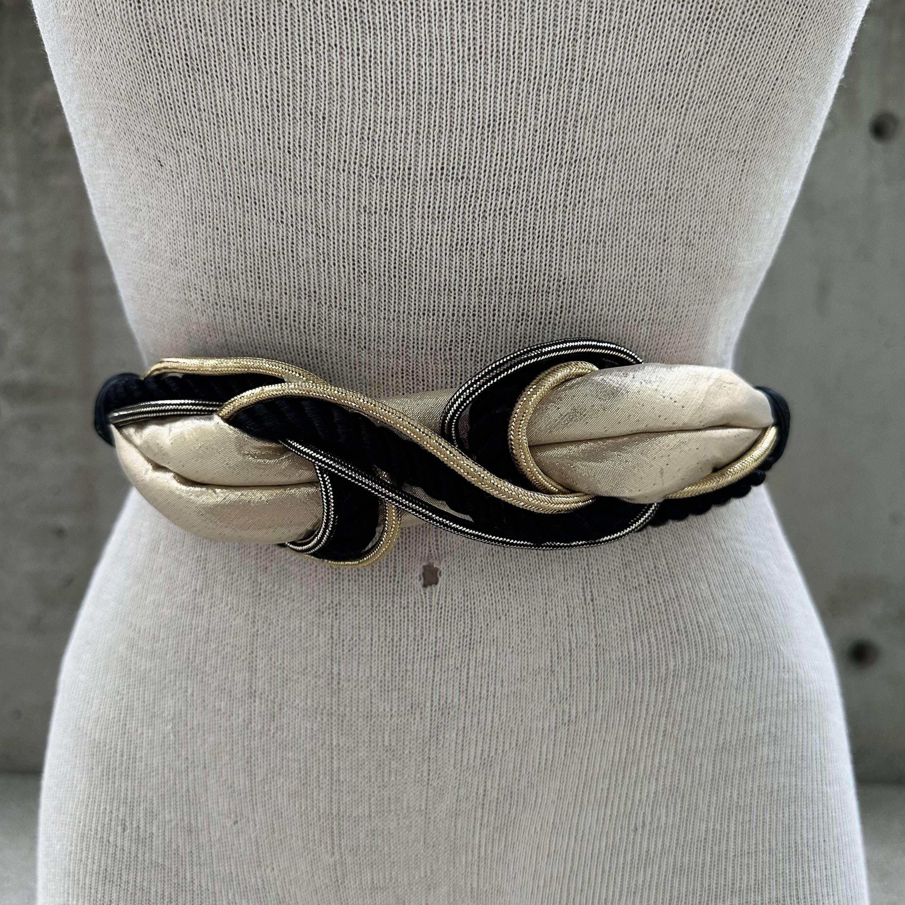 Black Gold Braided Rope Tie Belt Vintage Glam Statement Waist Belt 34.5” Vintage Unique Black and Gold Tone Braided Waistband, Nylon  main image 4