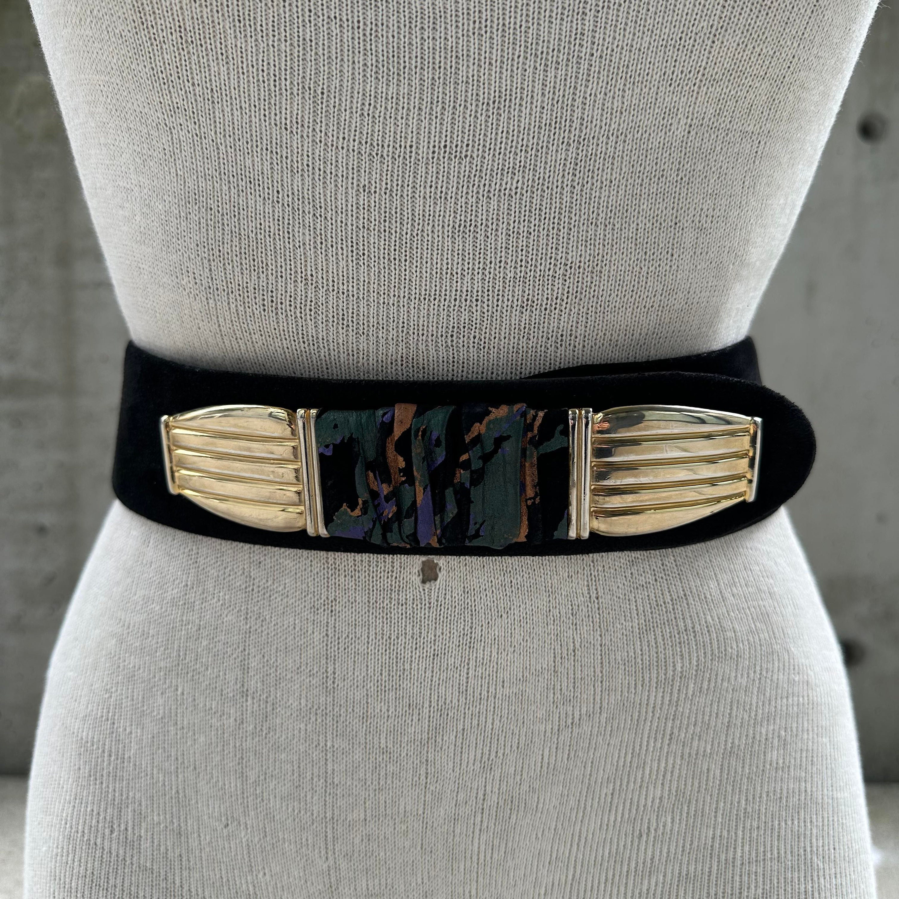 Vintage Wide Black Waist Belt with Art Deco Buckle Vintage Silver Metal Rhinestone Belt Buckle with Black Gross  main image 4