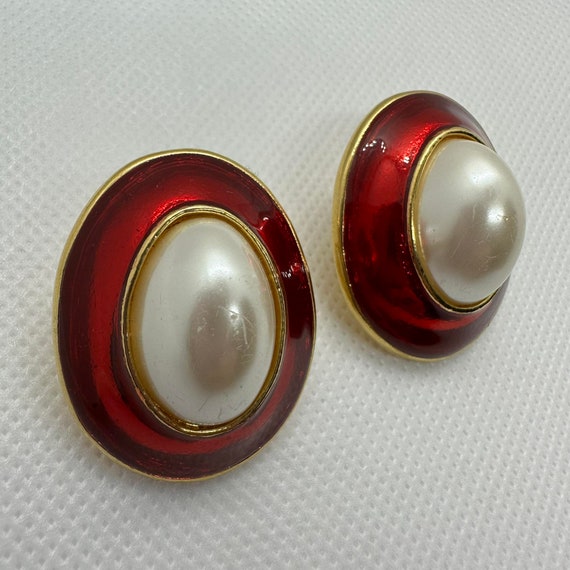 Vintage large oval statement earrings, red enamel… - image 2
