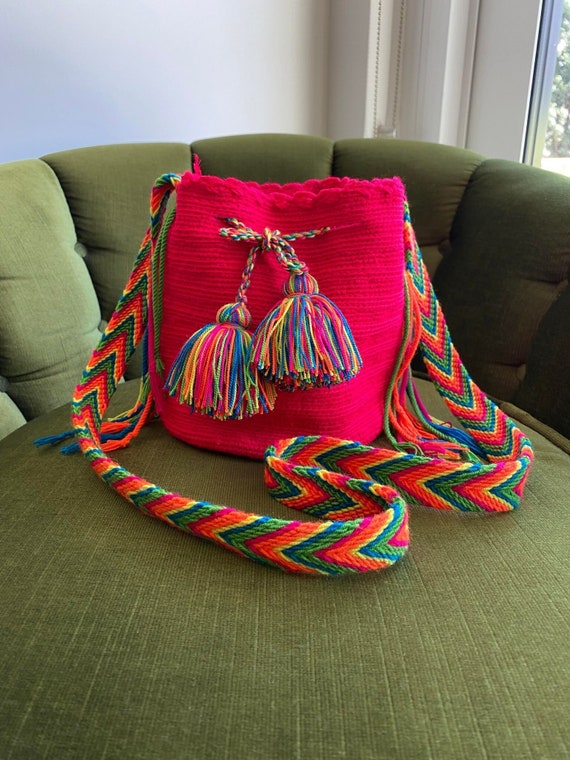90s bright pink crocheted bag, south american buc… - image 1