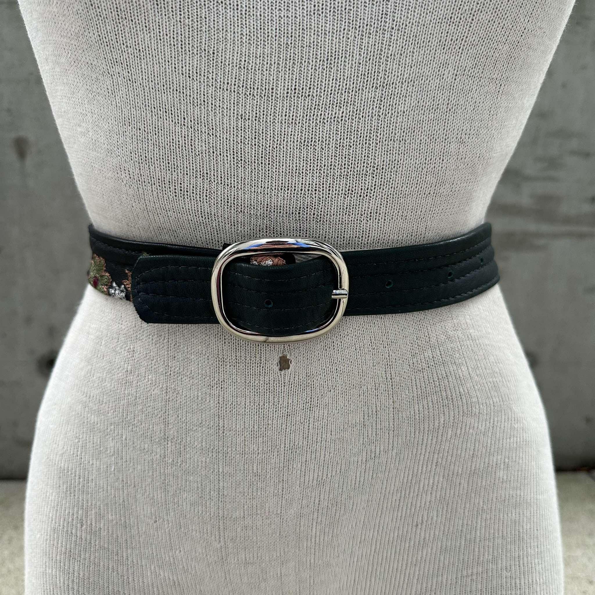 80s Black and Dark Green Floral Embroidered Belt, Thin 