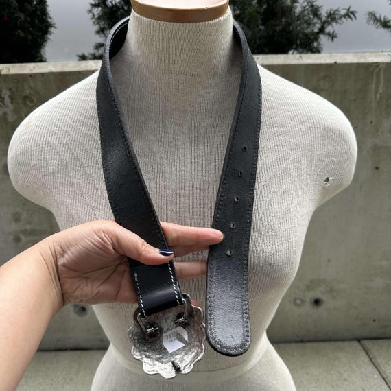Nan Lewis Black Animal Skin Leather Belt Square Metal Buckle Size M/L Waist Belt 80s Nan Lewis Black Genuine Leather Belt, Chunky Floral  main image 3