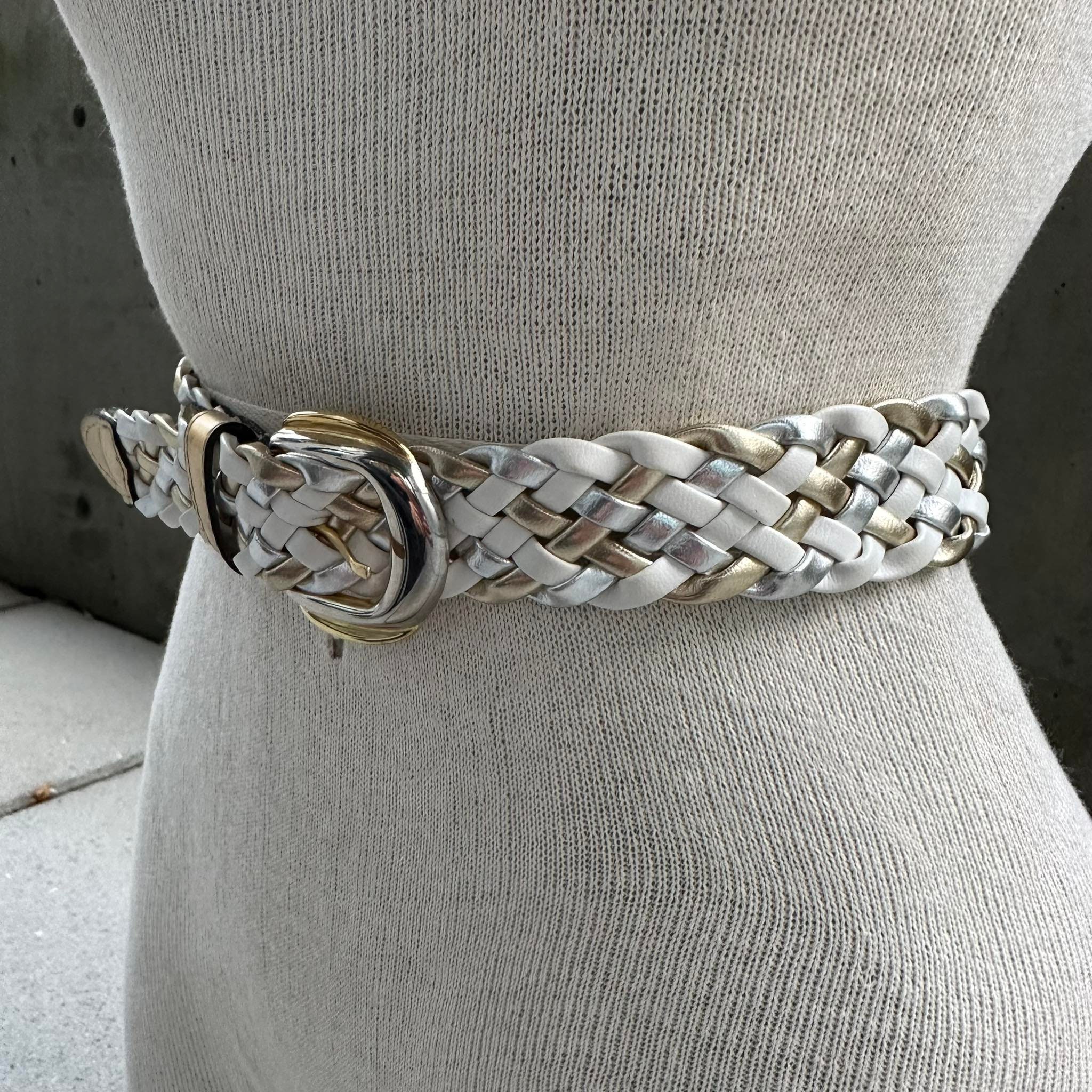 Vintage Tricolor Braided Gold Silver White Leather Belt with Gold Tone Buckle XL Vintage Golden Braided Belt With Silver Coloured Buckle and  main image 2