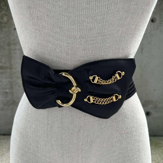 Vintage 80s Black Stretch Belt, Faux Leather Abstract Bow  display picture 1