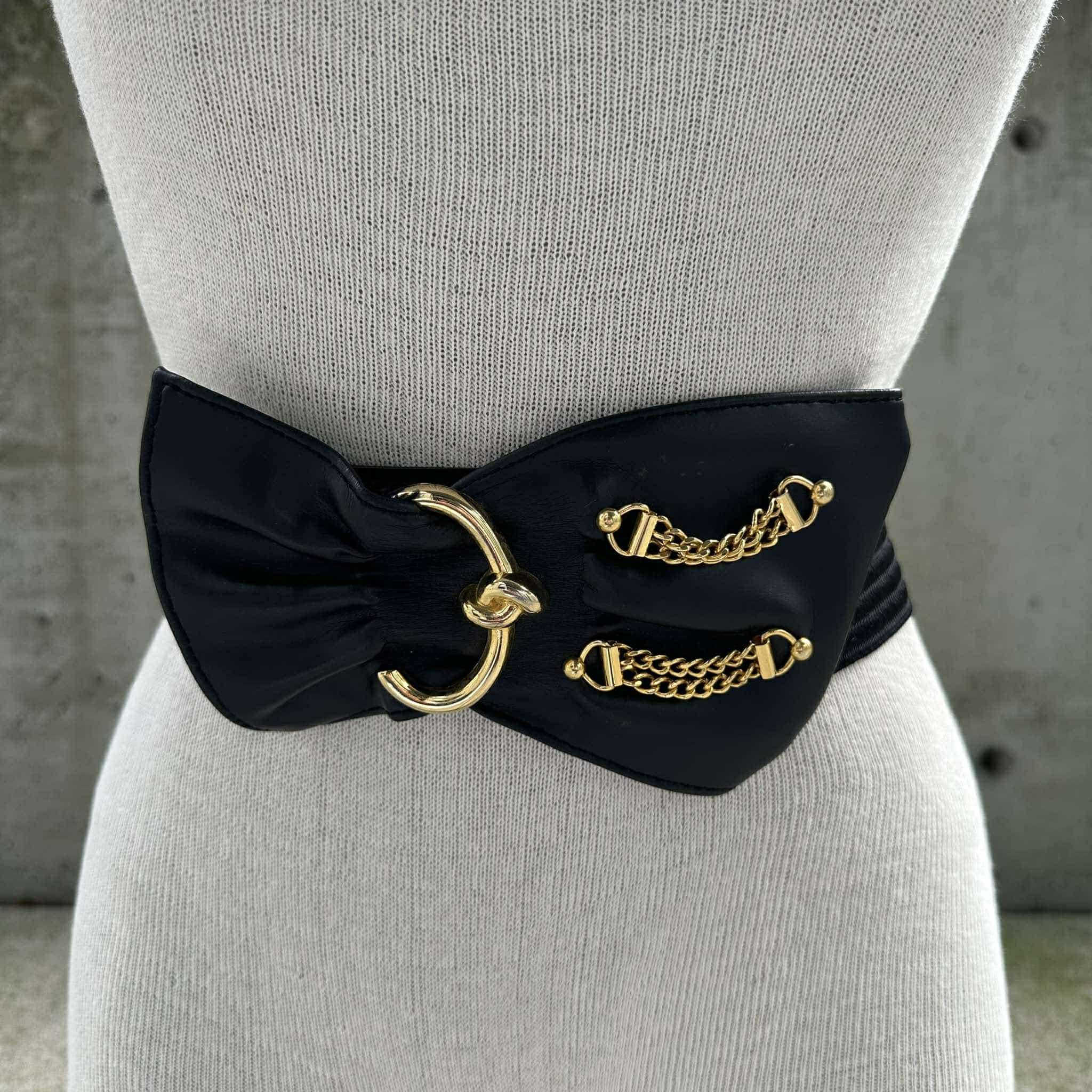 Vintage 80s Black Stretch Belt, Faux Leather Abstract Bow  display picture 3