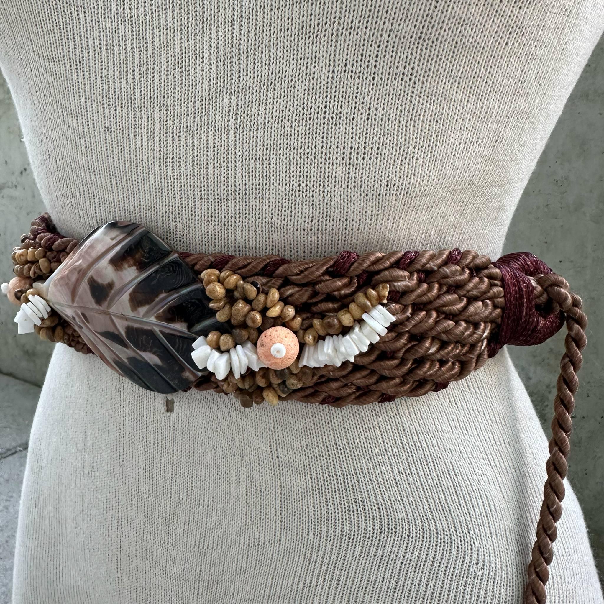 Vintage 80\'s Belt Twisted Rope Braided  Boho Earthy Artesian Taiwan M 80s Leaf Shell Boho Rope Tie Belt, Brown Twisted Rope  main image 4